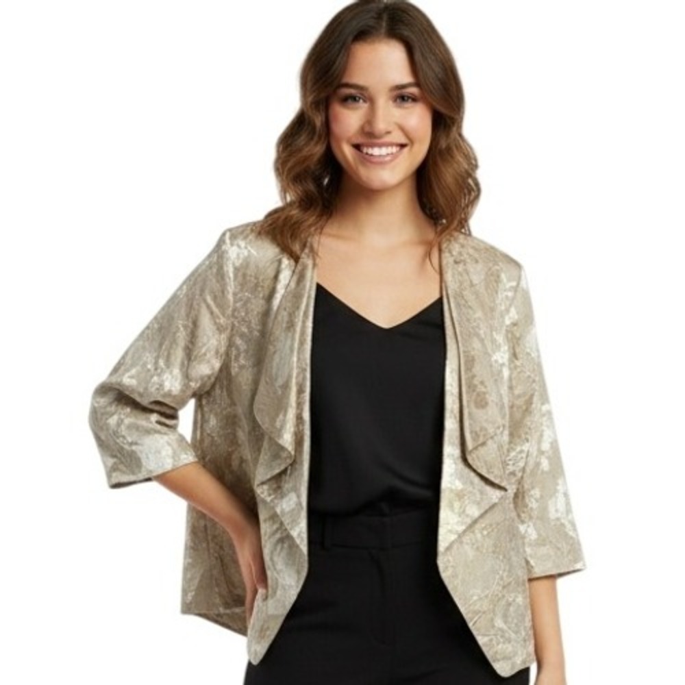 Chaus Jacket Open Front Gold Brocade Floral Ruching‎ Crinkled Elegant Unique